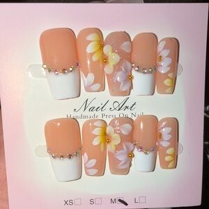 Handmade Peach Floral Press-On Nails with White Tips